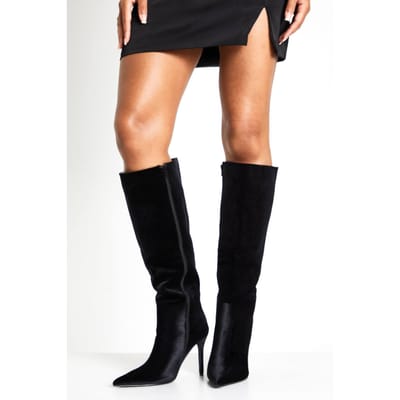 boohoo Dames Fluweel stiletto puntige kniehoge laarzen | Black | Maat: 7