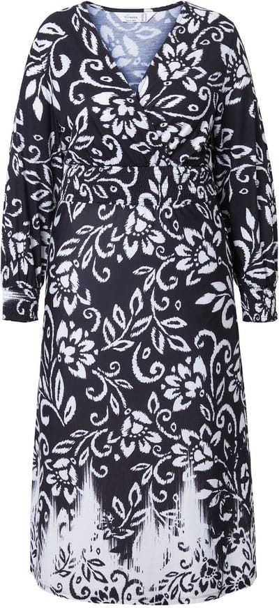 MIAMODA - Dames - Maxi-jurk A-lijn all-over print lange mouw - Zwart - Maat 44