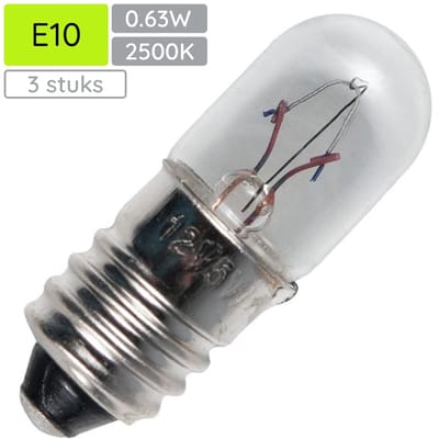 Signaallamp E10 6.3V 0.63W - 100 mAh - 3 stuks - T10 Gloeilamp Ø10mm - 28mm - 2500K - Dimbaar