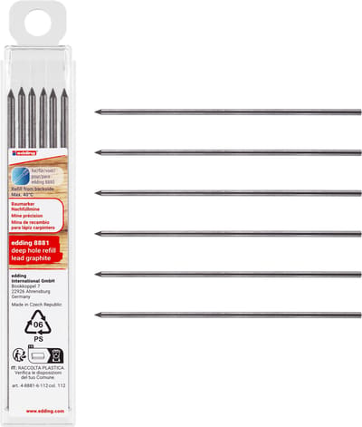 edding 8881 deep hole navullood grafiet 6st set - geschikt voor edding 8880 deep hole markeerpotlood - voor ruwe en gladde oppervlaktes - in handige plastic verpakking - ideaal voor timmermannen, bouwvakkers en andere vaklieden