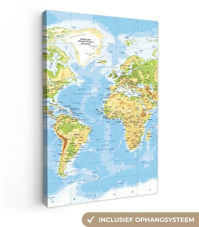 Canvas schilderij - Wereldkaart 20x30 - Kamer decoratie accessoires - Schilderijen wereld kaart woonkamer - World map wanddecoratie slaapkamer - Muurdecoratie keuken - Wanddoek interieur binnen - Woondecoratie huis - Woonaccessoires