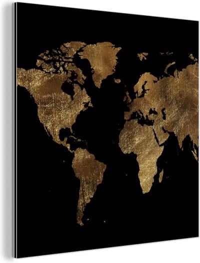 Aluminium schilderij 90x90 cm - Wanddecoratie metaal - Wereldkaart - Goud - Luxe - Aarde - Zwart - Metalen muurdecoratie woonkamer - Decoratie industrieel - Foto op dibond - Industriële accessoires slaapkamer