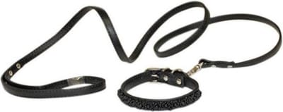 Croci hondenriem met halsband pearls parels zwart (17-22X1 CM / 120X1 CM)