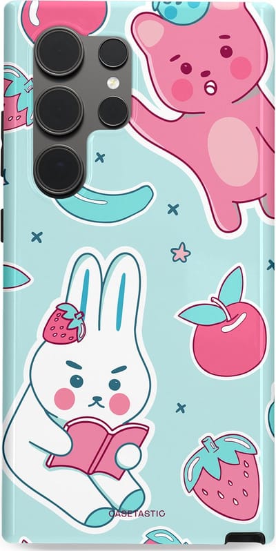 Casetastic hoesje geschikt voor Samsung Galaxy S24 Ultra - Dubbellaagse bescherming - Fruitige vriendjes - Fashion Case - Mintgroen Lichtgrijs Lichtroze Wit