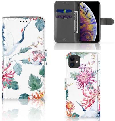 Boekhoesje voor Apple iPhone 11 Telefoonhoesje met Pasjes Bird Flowers