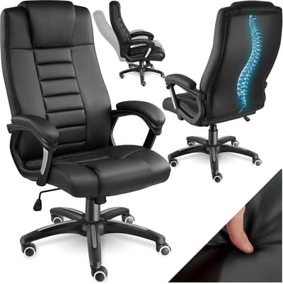 tectake® Bureaustoel - Luxe directiestoel - Draaistoel met wielen - In hoogte verstelbaar - Ergonomische computerstoel van kunstleer - Inclusief armleuningen en wipfunctie - Vulling 12 cm - Zithoogte 42-50 cm - Zwart