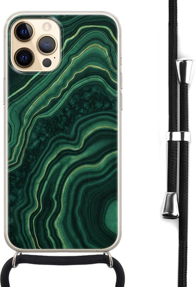 Hoesje met koord - Geschikt voor iPhone 12 - Marmer groen agate - Verstelbaar zwart koord - Transparant, Groen - Marmer - Leuke Telefoonhoesjes
