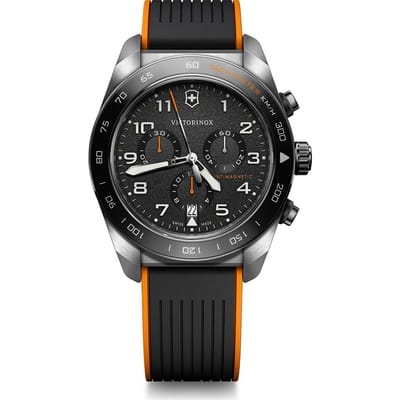 Montre Chronographe Analogique pour Homme VICTORINOX SWISS ARMY, Mouvement Quartz Étanche, Cadran Noir, Bracelet en Caoutchouc Orange, Boîtier en Acier Inoxydable (316L), Sangle argenté