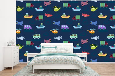 Behang - Fotobehang Patronen - Vliegtuig - Boot - Vrachtwagen - Jongetje - Jongens - Kinderen - Kids - Breedte 320 cm x hoogte 240 cm