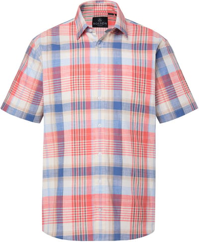 Boston Park - Heren - Geruit overhemd in linnenlook korte mouwen kentkraag - Koraal - Maat 3XL