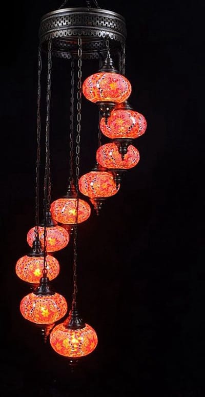 Turkse hanglamp - mozaïek glas rood-oranje - 9 bollen - handgemaakt en uniek