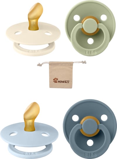 Bibs Blister Dental | Met Monkiezz Speenzakje - maat 2 6-18 maanden - 4 stuks - Ivory - Sage -Baby Blue - Petrol - Orthodontisch