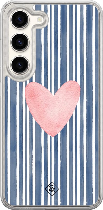 Casimoda® hoesje - Geschikt voor Samsung Galaxy S23 - Hart X Streepjes - 2-in-1 case - Schokbestendig - Gestreept - Verhoogde randen - Blauw, Transparant