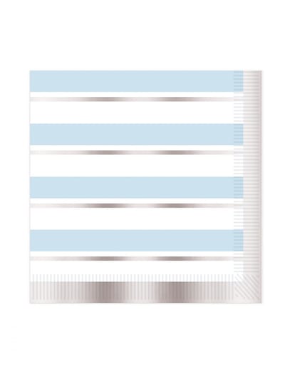 360 DEGREES - 16 blauw-wit gestreepte papieren servetten 33 x 33 cm met zilveren randen