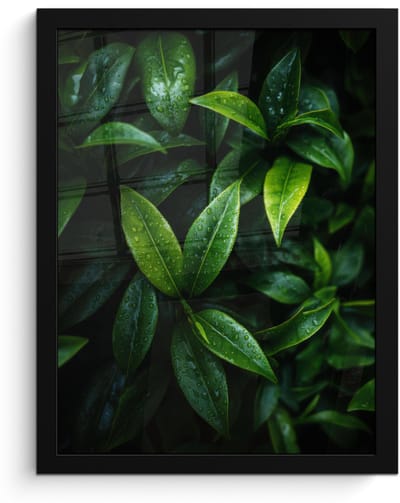 Poster in lijst - Fotolijst 30x40 cm - Posters - Bladeren - Regendruppels - Licht - Groen - Posterlijst zwart - Decoratie - Wanddecoratie woonkamer - Muurdecoratie slaapkamer