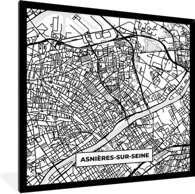 Fotolijst incl. Poster Zwart Wit- Frankrijk - Asnières-sur-Seine - Kaart - Plattegrond - Stadskaart - Zwart wit - 40x40 cm - Posterlijst