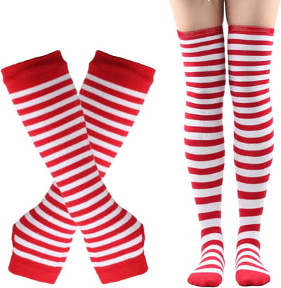Gestreepte Kniekousen en Lange Gebreide Handschoenen Set voor Feestkostuum en Cosplay Accessoires
