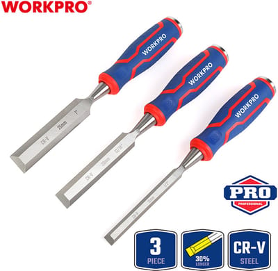 WORKPRO Houtbeitelset 3-delig – 12/20/25 mm – Cr-V Staal – Professionele Beitels met Stalen Slagkop en Antislip Handgreep – WP201301