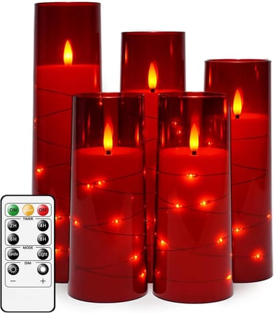 Vlamloze LED-kaarsen met timer, 5 flikkerende vlamloze kaarsen voor een romantische sfeer en huisdecoratie, stabiele acrylschaal met ingebedde stervormige snaar, op batterijen werkende kaarsen (rood)