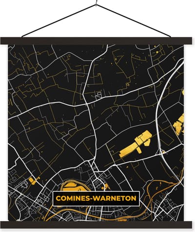 Posterhanger incl. Poster 60x60 cm - Schoolplaat - Comines-Warneton - Goud - Stadskaart - Kaart - Plattegrond - Textielposter - Zwarte latten - Stadskaart