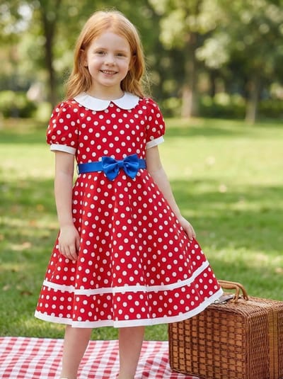Meisjes Retro Swing Jurk met Stippen, Strikceintuur en Peter Pan Kraag voor Feestjes en Bruiloften, Maten 4-10 Jaar