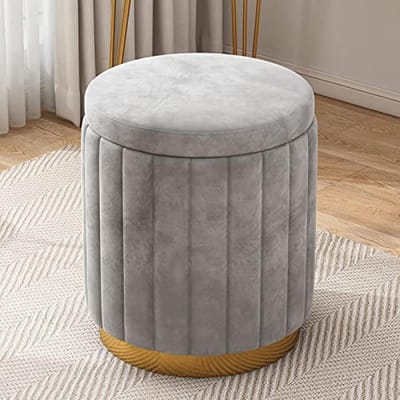 Ronde Opberg Poef - Voetenbank Stool - Extra Zitten - Gouden Voetstuk - 34x34x45cm - Grijs