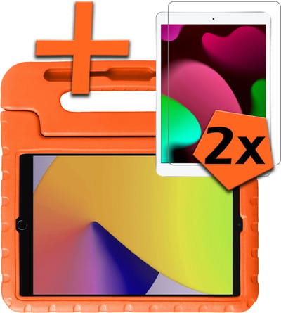 Hoesje - Geschikt voor Apple iPad 7 (2019) - 10.2 inch - 7e Generatie - Met 2x Screenprotector - Kinderhoes Shockproof Bumper - Kidsproof Case - Tablet Hoes - Kinder Hoes Cover - Oranje