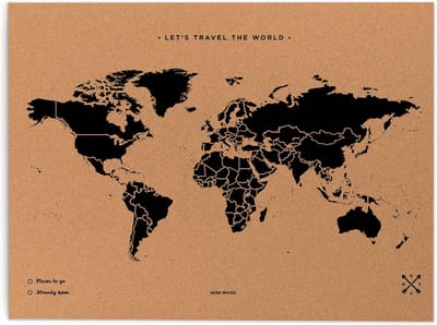 Wereldkaart Prikbord - Kurk Kaart - Decoratie en Planning - Handgemaakt Ontwerp - 90 x 60 cm - Zwart