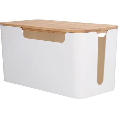 Kabelbox Kleine Kabelbeheerbox met Houten Deksel voor Snoer Verberger TV-kabels Routers Computers beige