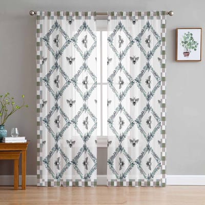 Geruite Bijen Bladeren Raam Tule Gordijnen voor Woonkamer Slaapkamer Hotel Luxe Decoratie Transparante Gordijnen 135W x 114H(cm) white
