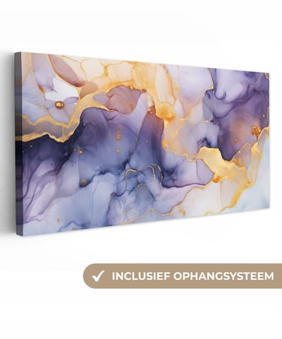 Canvas schilderij 40x20 cm - Wanddecoratie Marmer - Paars - Lila - Goud - Abstract - Muurdecoratie woonkamer - Slaapkamer decoratie - Kamer accessoires - Schilderijen op canvas