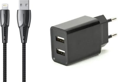 OneOne lader met 2 poorten + 1,2m stevige OneOne Lightning kabel. Universele 2.1A oplader adapter past op Apple iPhone 14 Plus, iPad Mini 1, iPad Mini 2, iPad Mini 3, iPad Mini 4, iPad Mini 5, iPad Air, iPad Air 2, iPad Air 3