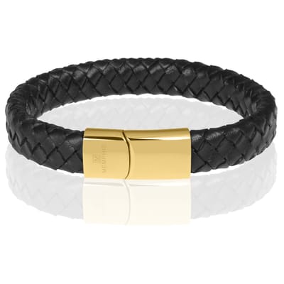 Memphis gevlochten leren armband Zwart Goudkleurig-24cm