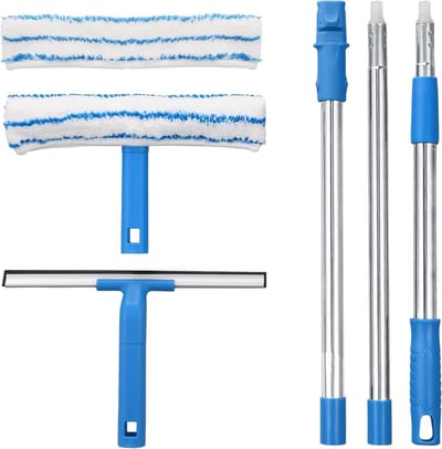 Famanu – Raamwisser met telescoopsteel (146 cm), siliconen wisser met microvezelkussens, professionele raamtrekker voor douche, spiegel, deur, auto en glas