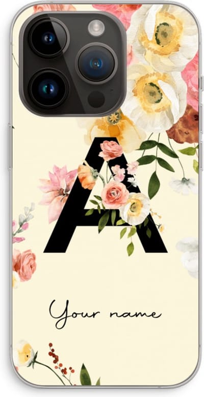 Gepersonaliseerd - Case Company® - Hoesje geschikt voor iPhone 14 Pro hoesje - Flirty Flowers Monogram - Soft Cover Telefoonhoesje - Bescherming aan alle Kanten en Schermrand