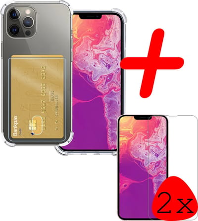 Hoesje Geschikt voor Apple iPhone 13 Pro - Met 2x Screenprotector - Pashouder - Kaarthouder - Telefoon Hoes Shockproof - Siliconen Case - Back Cover - Shock Proof - Pasjes Houder - Transparant