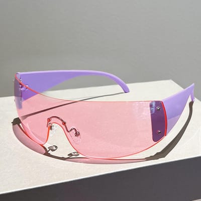 Y2K Randloos Designer Stijl Stijl Zonnebrillen Brillen Dames Voor Mannen Eén Stuk Trending Luxe Zon Zonnebrillen Klinknagel Steampunk Roze Tinten UV400 white