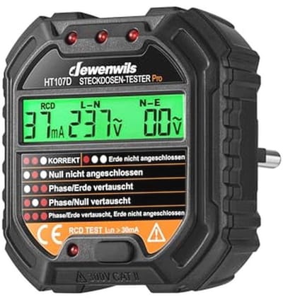 Stekkertester met LCD-display en RCD-testfunctie, 6 indicatoren voor storingsdiagnose, elektrische circuittester voor bedradingscontrole, 48-250 V/45-65 Hz, CAT II 300 V