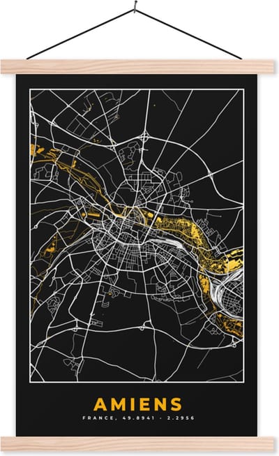 Posterhanger incl. Poster 40x60 cm - Schoolplaat - Plattegrond – Amiens– Stadskaart – Kaart – Frankrijk - Textielposter - Blanke latten - Stadskaart