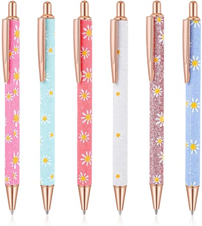 Dailygoods- Balpennen 6 stuks - Intrekbare Bloemengelpennen - Aluminium - Zwarte Inkt - Puntdikte 1,0 mm - Glad Schrijven - Schrijfpennen