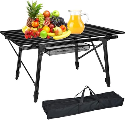 90x52cm Opvouwbare Campingtafel, 45cm-68cm in Hoogte Verstelbaar, Buffettafel Belasting tot 30kg, Aluminium Vouwtafels met Inklapbaar Tafelblad en Draagtas, Zwart Klaptafel voor Strand/Picknick/Balkon/Tuin, NAIZY