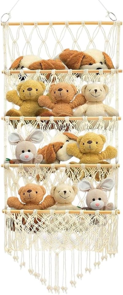 Knuffel Opberger - Speelgoed Net - Ruimte Organiseren - Verticaal Ophangen - 120x52 cm - Naturel