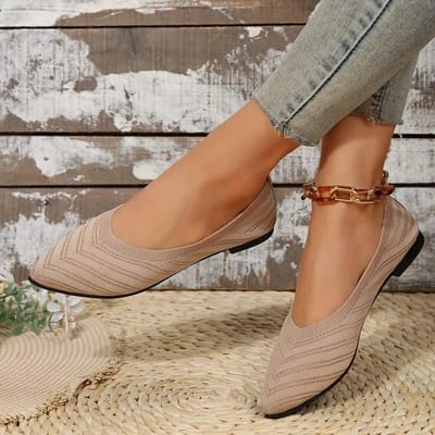 Dames platte schoenen met puntige neus, effen kleur, gebreide instappers, casual ademende ballerina's, dames platte schoenen, loafers 40 abrikoos