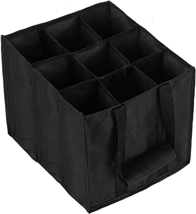 Flessentas met 6 vakken voor wijnopslag, handige tote bag met handvatten, zwart, ideaal voor picnics en feesten, 27 x 27 x 27 cm