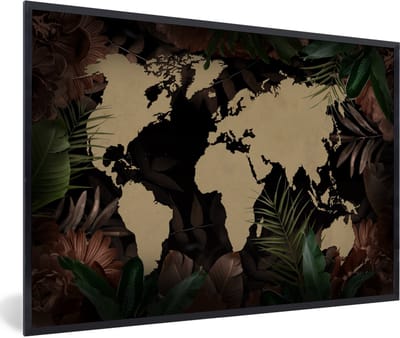 Poster in lijst - Fotolijst 90x60 cm - Posters - Wereldkaart - Zwart - Tropische Planten - Posterlijst zwart - Decoratie - Wanddecoratie woonkamer - Muurdecoratie slaapkamer