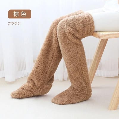 Pluizige Dijhoge Sokken Teddy Benen Knuffel Lange Poten Donsige Leggings Over de Knie Pantoffels Harige Sokken One Size beige