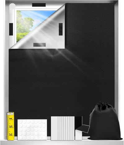 Verduisteringsgordijn zonder boren, 145 x 200 cm, zwart, draagbaar, ideaal voor kinderkamer en slaapkamer, eenvoudig te bevestigen met nano-adhesief en fasteners