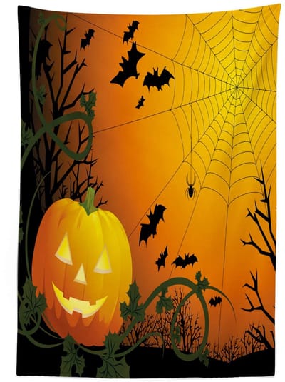 Spinnenweb-tafelkleed – 140x200 cm – Satijn, Binnen/Buiten – Oranje/Groen/Zwart