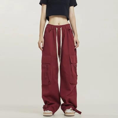 Knappe Losse Wijde Pijpen Rode Werkbroek voor Dames Multi-zakken Streetdance Broek Veelzijdige Casual Vloerbroek 4XL