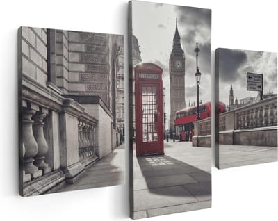 Artaza Canvas Schilderij Drieluik Rode Telefooncel in Londen bij de Big Ben - 90x60 - Foto Op Canvas - Canvas Print